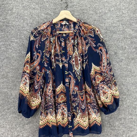 5/$45 Cato Blouse Women S Small Blue Geometric Crew Neck Tasseled Long Sleeve - Picture 3 of 10